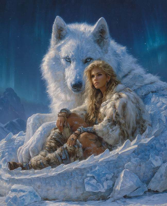 8×10 Warrior woman with white wolf aurora icy night – 415731154