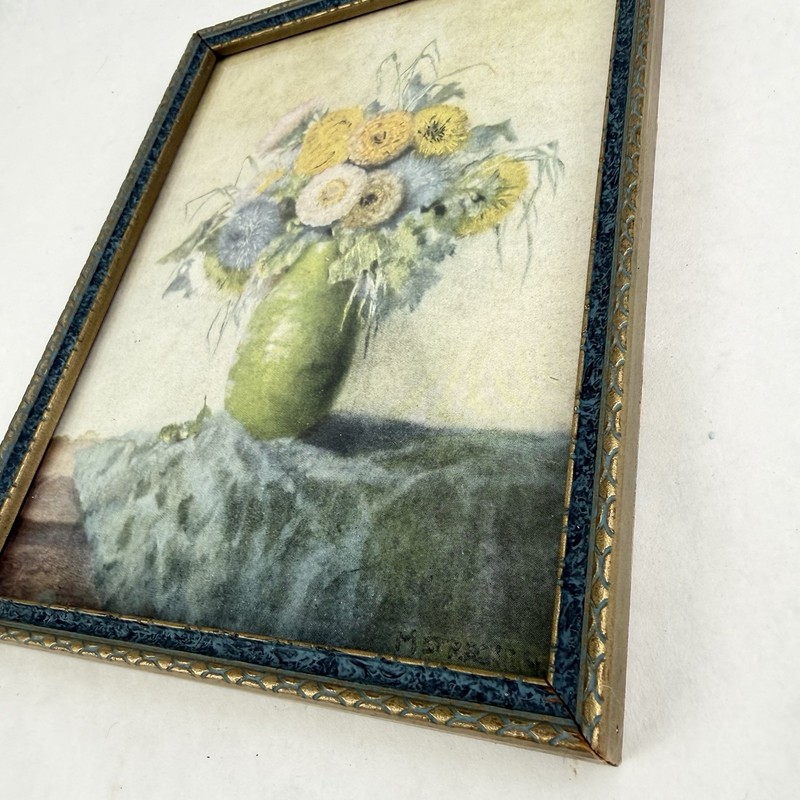 Antique Framed Print of Flowers In Green Vase Wood Blue Gold Frame Small 8” x 6” gallery