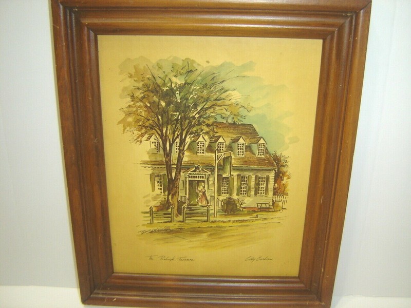 Vintage Framed Coby Carlson Print Raleigh Tavern in Muted Colors gallery