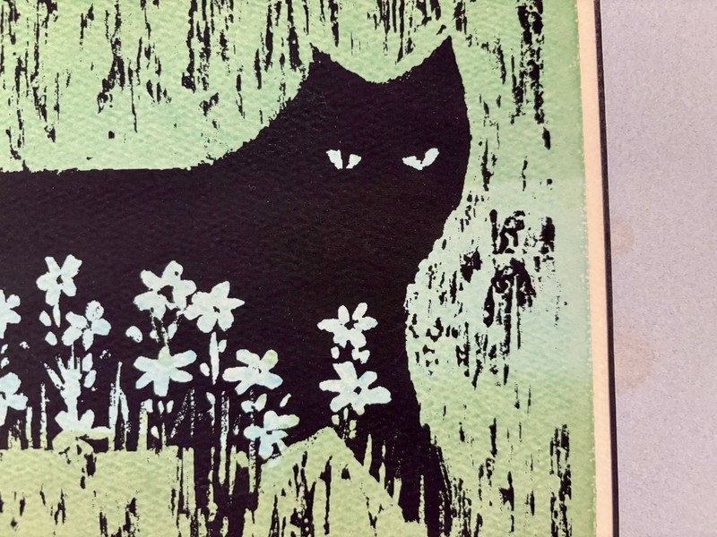 Vintage One Of A Kind (1978) Linocut Art Matted Print “Cat In The Garden” gallery