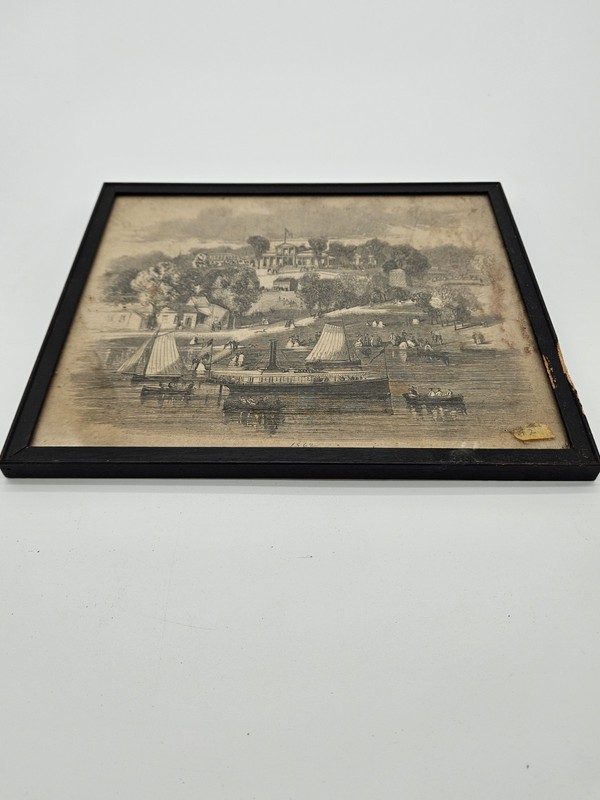Antique 1862 Saratoga Lake House NY Engraving Print Framed Steamboat…