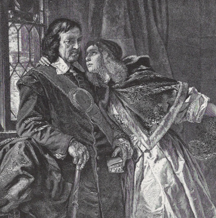 CASTLE SCENE – Velvet & Fur Father Daughter Medieval 1894 Antique Engraving