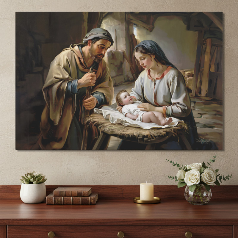 The Nativity scene of Baby Jesus, Mary and Joseph in a stable – Christian Art Ca