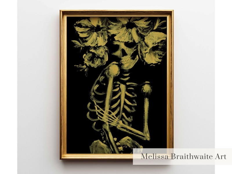 Girly Halloween wall decor: painting of a pretty skeleton wearing a flower crown