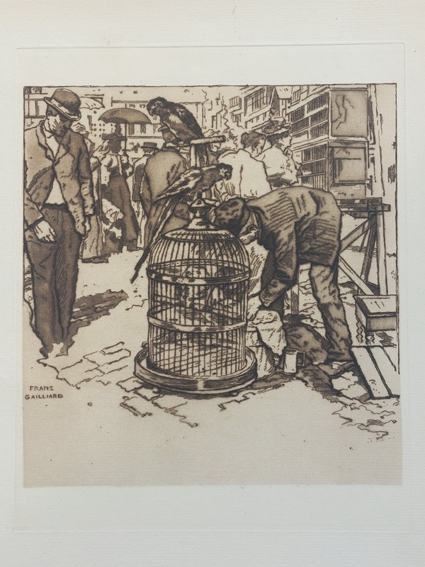 Rare Franz Gailliard Antique Print, «The Bird Shop», Belgian Artist (1861–1932)