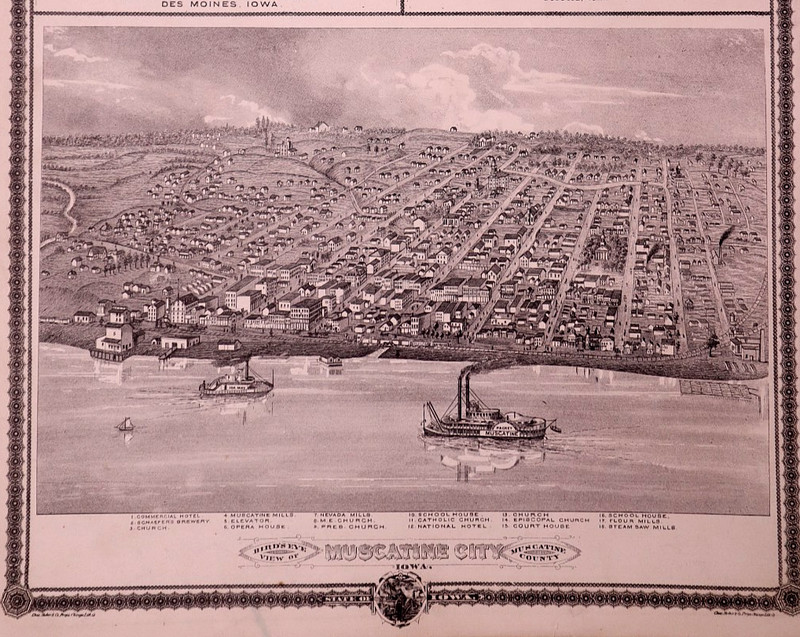 Antique 1875 Print ~ Birds-Eye View of Muscatine City, Muscatine County, Iowa