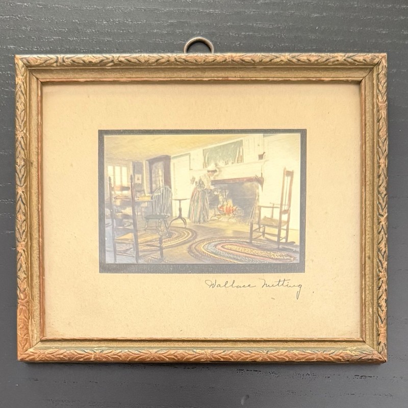 Wallace Nutting Small Signed Framed Woman Fireplace Colonial Cup That Cheers