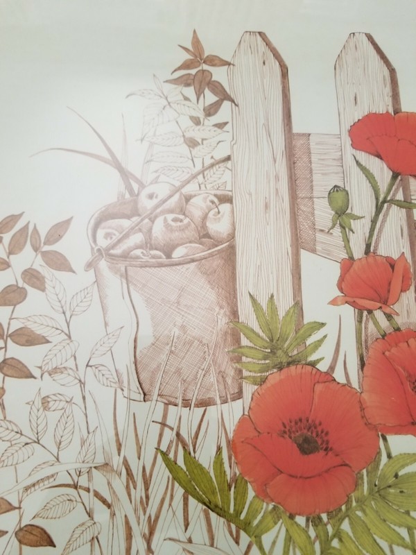 VTG Frank Massa Red Poppies Apples Cottage Core Yard Painting Print Signed gallery