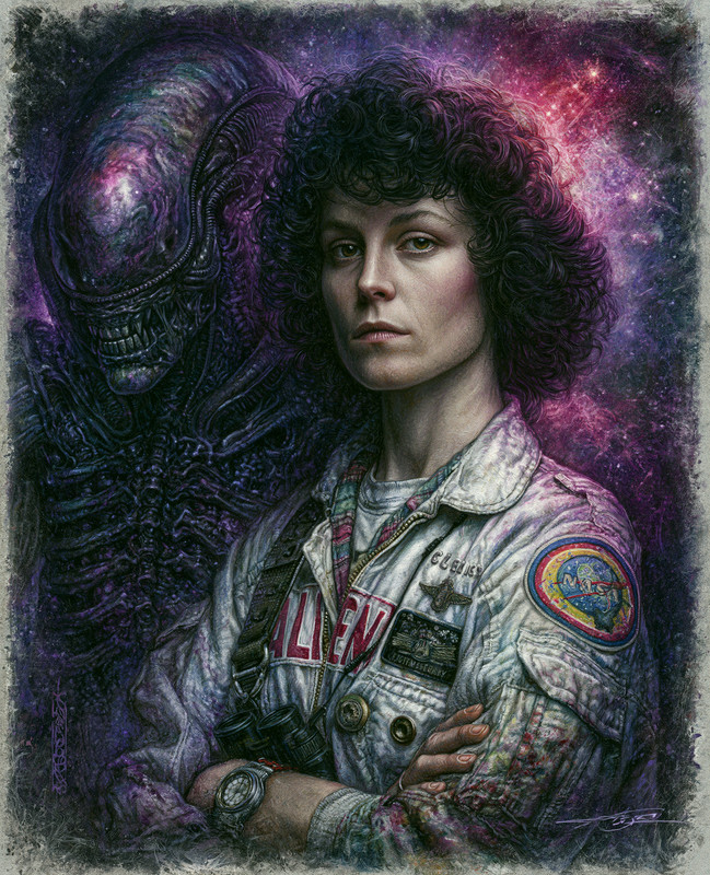 8×10 Curly-Haired Officer With Purple Alien Art Print – 673497255