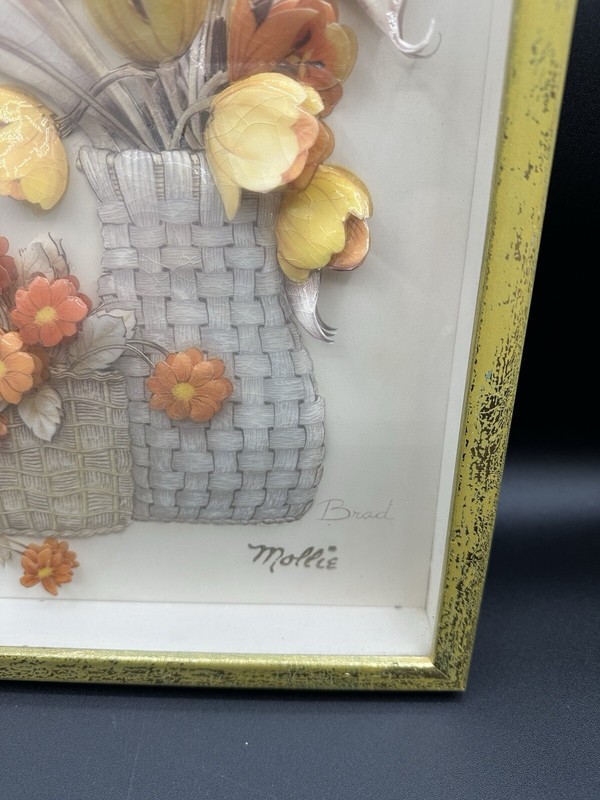 MCM Vintage 3D Floral Framed Artwork By Mollie Signed Bruce gallery