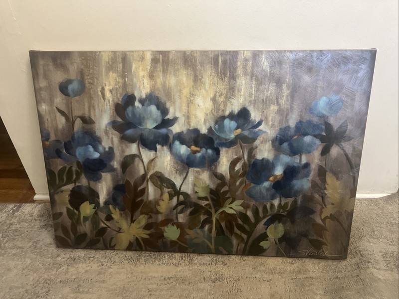 36W»x24H» SILVER AND SAPPHIRE by SILVIA VASSILEVA – CONTEMPORARY FLORAL CANVAS