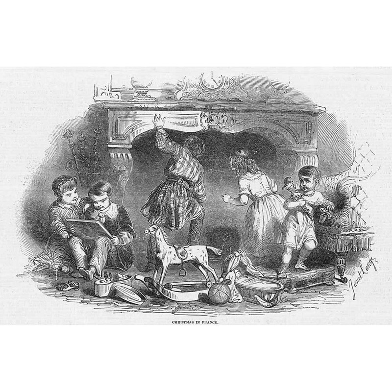 Christmas in France Children with Toys Looking up Chimney – Antique Print 1849