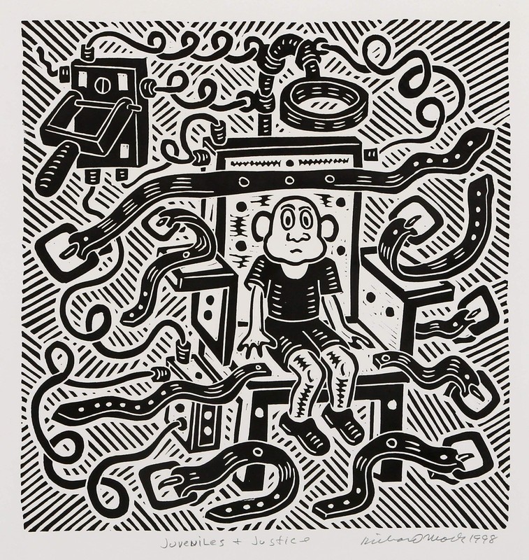 Richard Mock, Juveniles + Justice, Linocut on BFK Rives, signed, titled, dated a