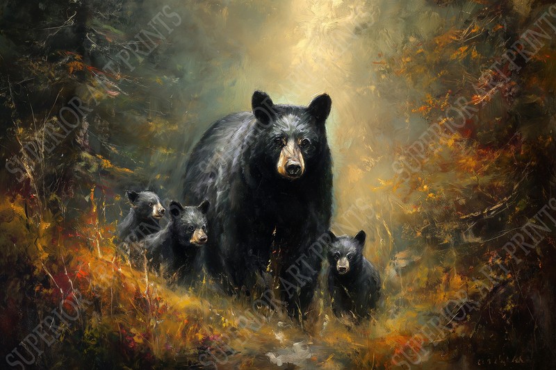 Black Bear & Cubs Family Misty Forest Art Print Wildlife Nature Painting Poster