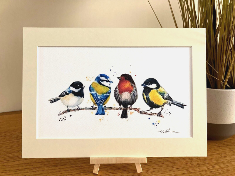 Birds on branch a4 mounted art print watercolour robin, blue tit wall decor gallery