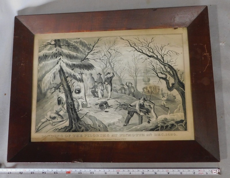 Antique Nathaniel Currier Lithograph Landing of Pilgrims 1620 c1840 Ogee Frame gallery