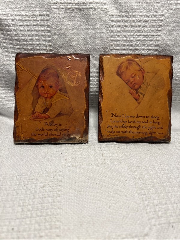 Set 2 Vintage Litho Decoupage On Wood 1930-1940 Miniature Wall Hanging Pictures