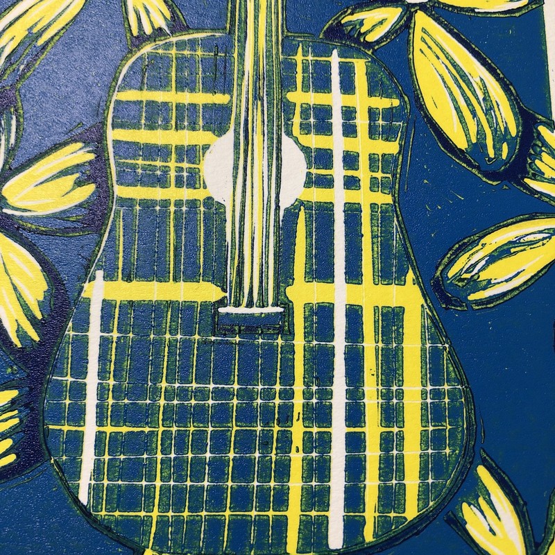 5" x 7" Reduction Linocut Print 3 Color Unframed “Guitar I” #4/8 Music Flowers gallery