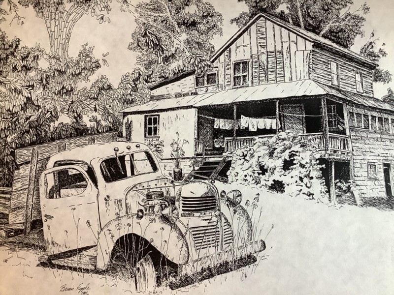 Original Barnyard Landscape Pen and Ink Farmhouse Primitive Cabin Rustic Art