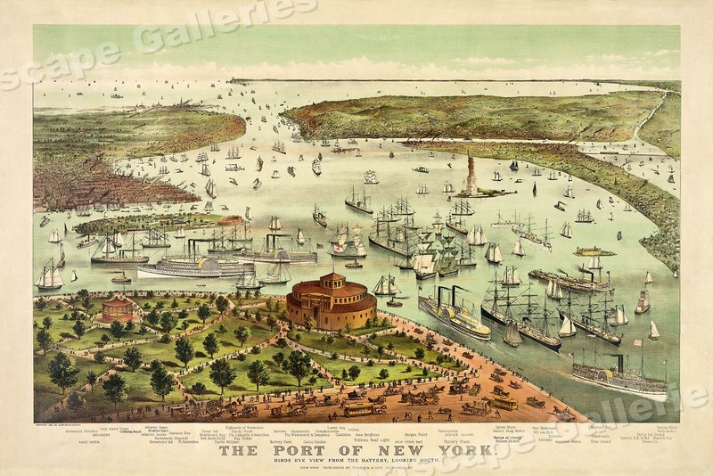1892 Map Birds Eye VIew Port of New York from the Battery – 20×30
