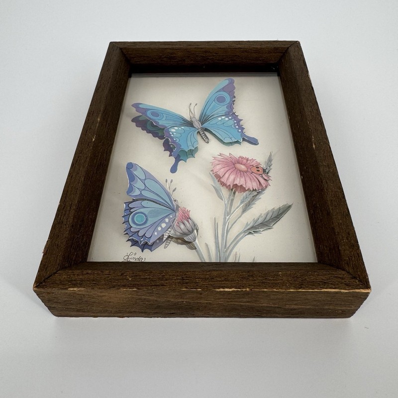 Vintage Butterfly Paper Tole Art Pink Flowers Shadow Box Framed Cottagecore gallery