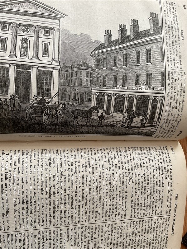 Antique Print 1834 – LEEDS – Yorkshire – The Corn Exchange Briggate + Article
