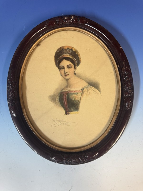Antique Colored Lithograph of Victorian Woman Henri Grevedon (1776-1860) Framed