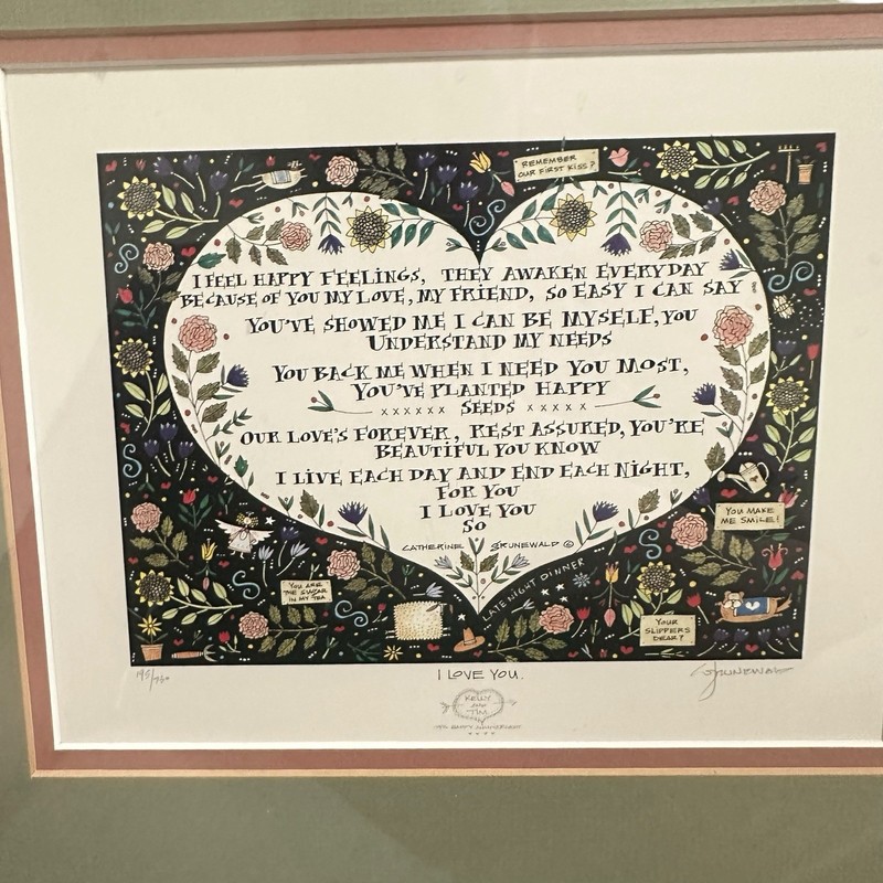 VTG 1996 Catherine Grunewald signed numbered lithograph Love Heart Folk Art