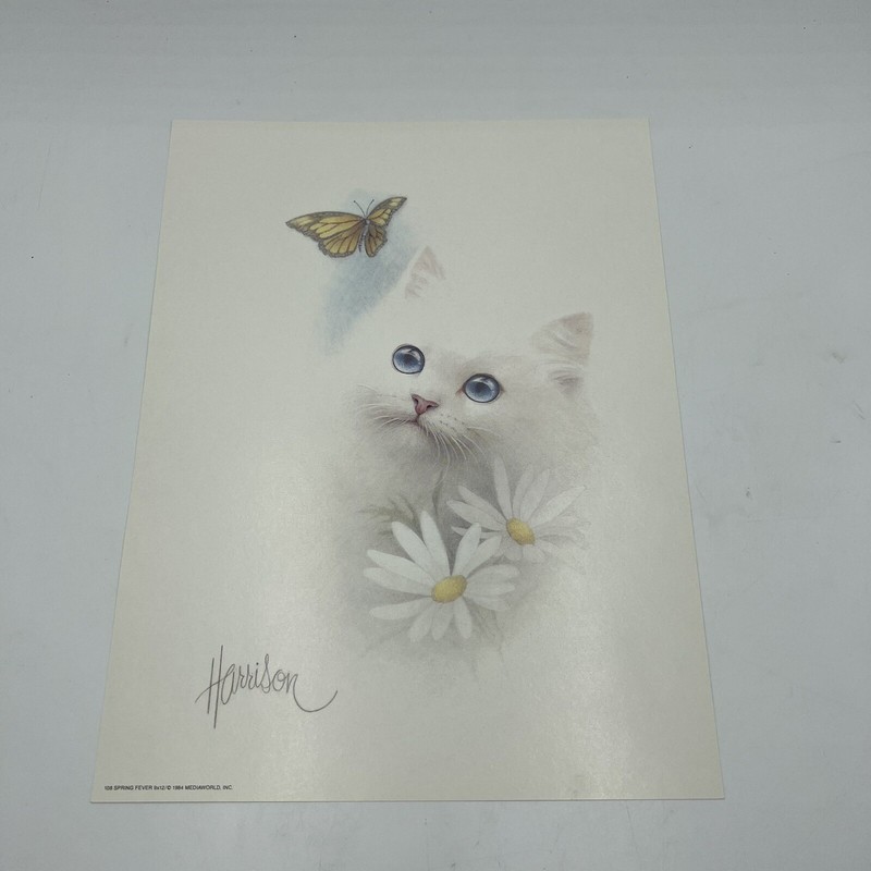 Bob Harrison Lithograph White Cat Prints (7) with Flowers 9x12 Vintage 1984 1982 gallery