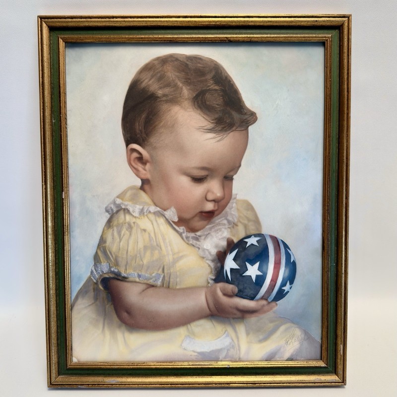 VTG H. Lallie? Art Print Baby with Patriotic American Flag Ball 12×15” Framed