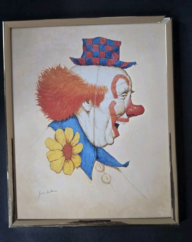 Vintage Framed Clown Art Print Signed John Bodnar Colorful Circus Wall Decor