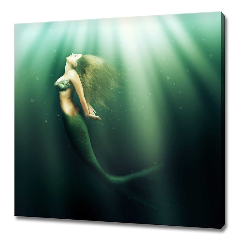 Beautiful Mermaid Swimming In The Green Ocean Water Fantasy Modern Canvas Print
