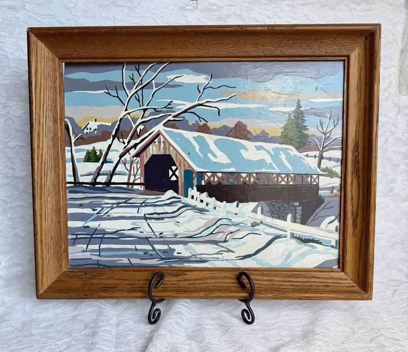 Vintage 1960 Framed Winter Covered Bridge Painting Folk Art Landscape 15×19