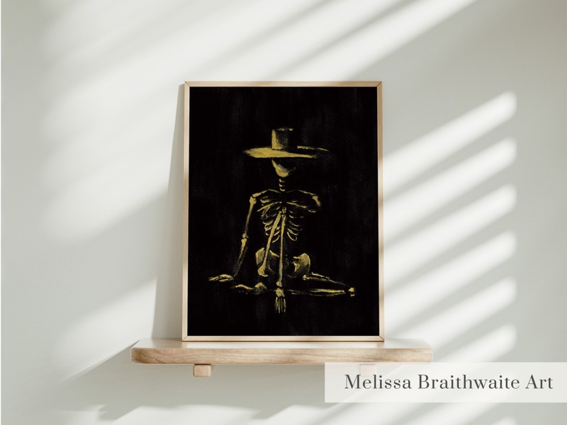 Gold Skeleton Skull Print: Gothic Halloween Wall Art