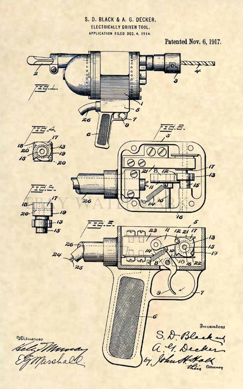 Official 1ST POWER DRILL US Patent Art Print- Original Black & Decker Antique302