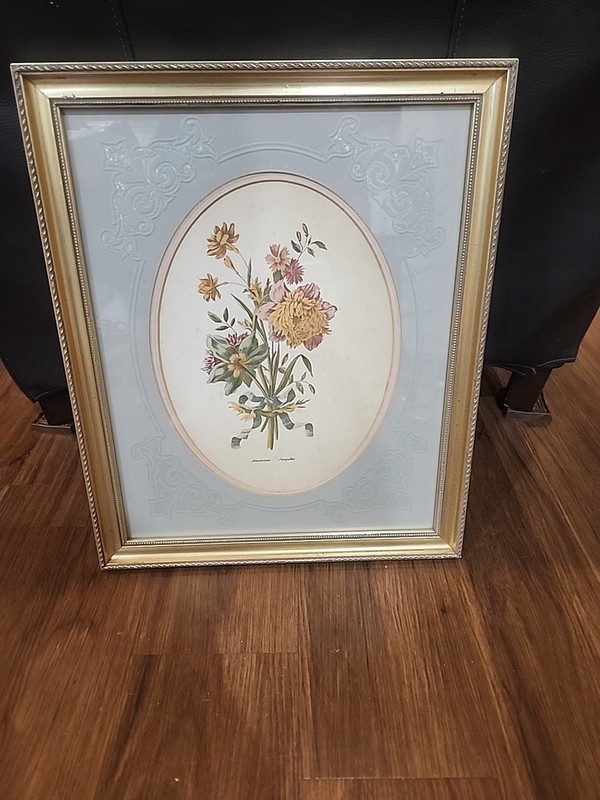 Vintage Windsor Art Matted Framed Floral Print Etched Glass Gold Frame 14×17