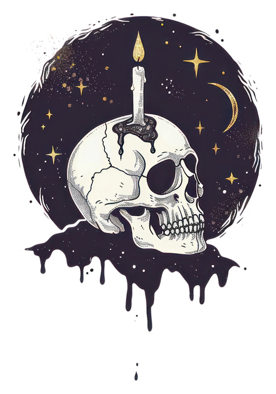 Skull Gothic Moon Stars Candle Tattoo Illustration 7x5 Wall Decor Art Print gallery