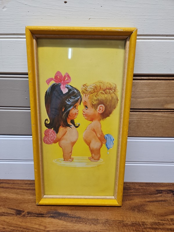 Vtg Kitsch MCM W M Otto Bubble Bath Boy & Girl Big Eye Kids Framed Picture Nude