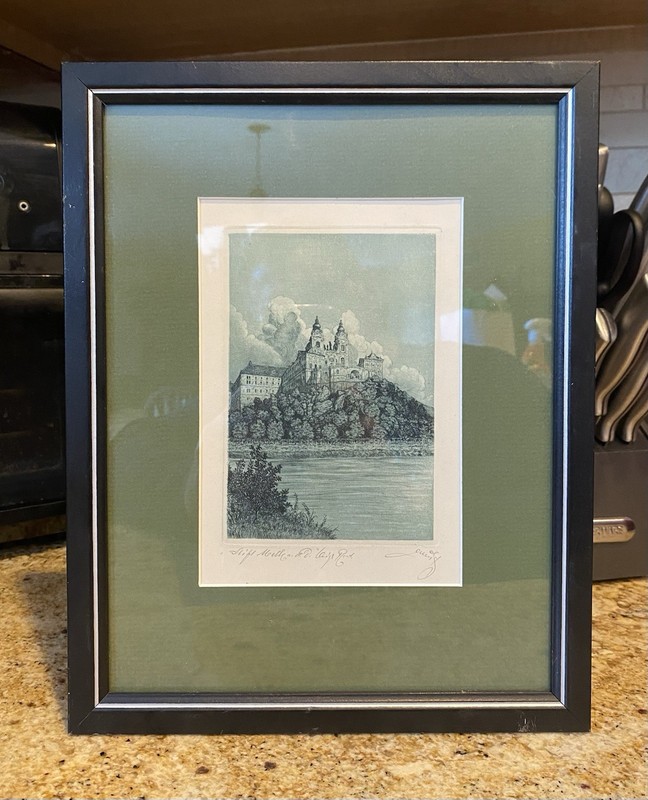 Vintage Melk Abbaye Wachau Austria Etching by Robert Aust Junior – Signed