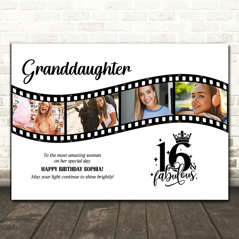 Photo Collage 16th Birthday Gift For Granddaughter 4-Photo Film Print Or Canvas