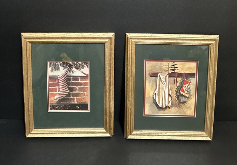 2 pc. Set SIGNED Christmas Mantel Art Print Matted & Framed, A. Smith, 10”x 12”