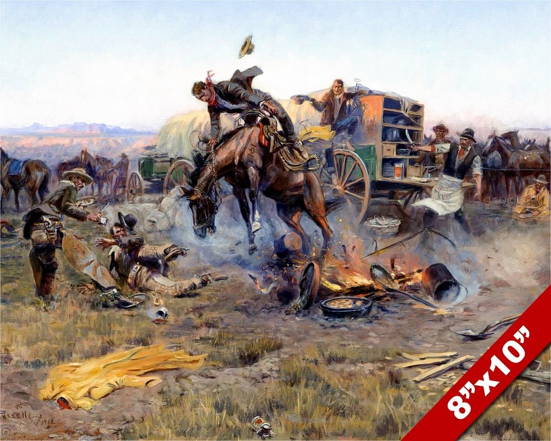 WILD HORSE IN CAMP WESTERN COWBOY OIL PAINTING ART REAL CANVAS GICLEE PRINT