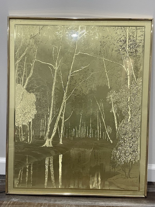 🌟Vintage Manifestations Foil Art – Gold Forest River Optical Illusion 24×30🌟