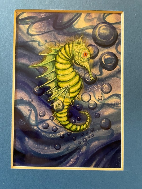 Art Print Seahorse 3.25" x 5.75" Mounted On Card 7" x 9" Lithograph.