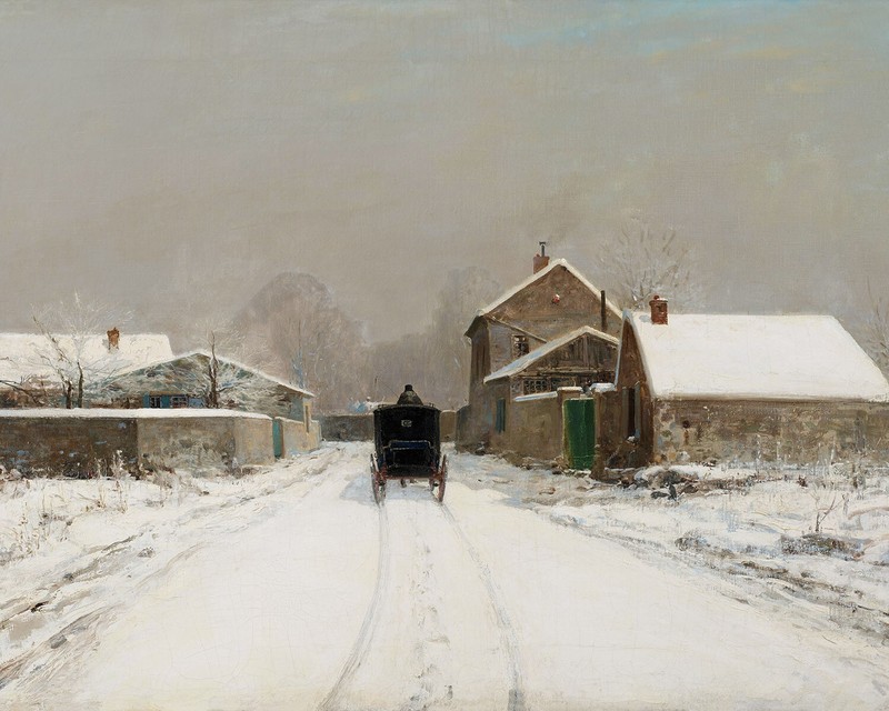 1874 Snowy Village Landscape Winter Painting Giclee Print on Fine Art Paper
