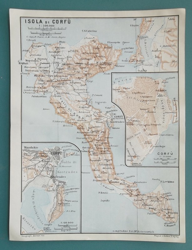 GREECE Corfu Island & Town Plan – 1908 Baedeker Map 6×8″ 15×20 cm