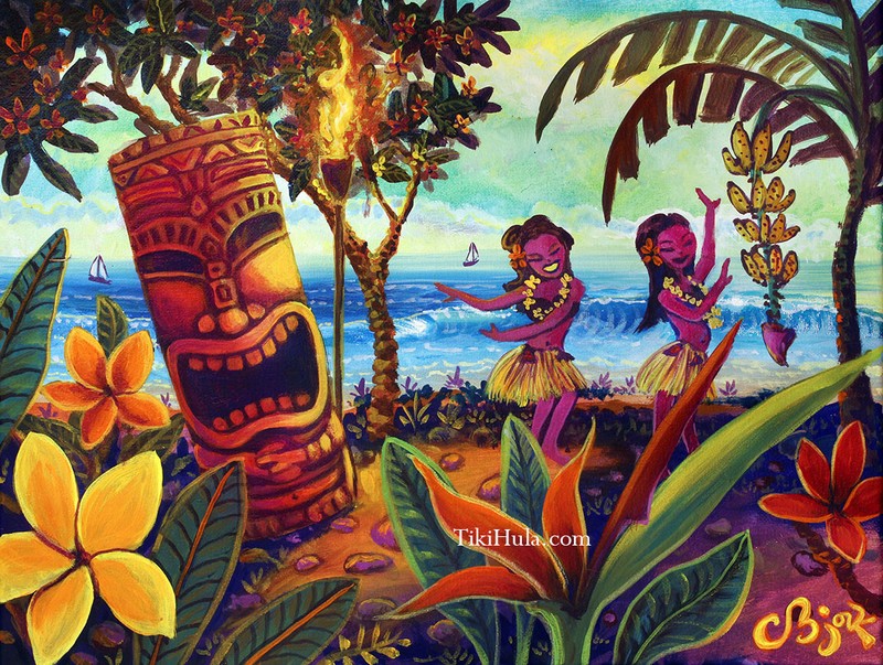 CBjork Signed 8x10 PRINT Tiki Hula Girls Hawaiian Island Volcanic Lava Paradise