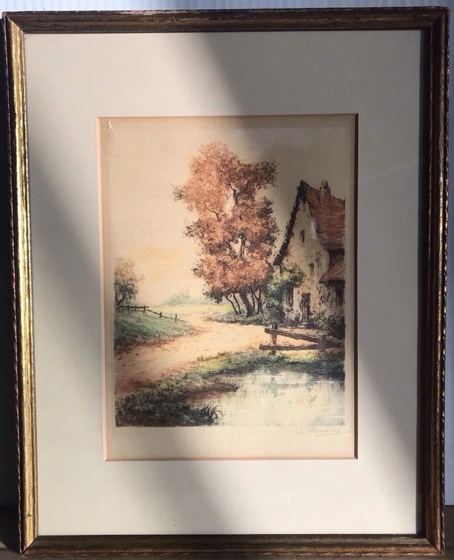 VTG Hand Colored Etching 9.5”x7” Rural Cottage Signed Framed 12”x15”