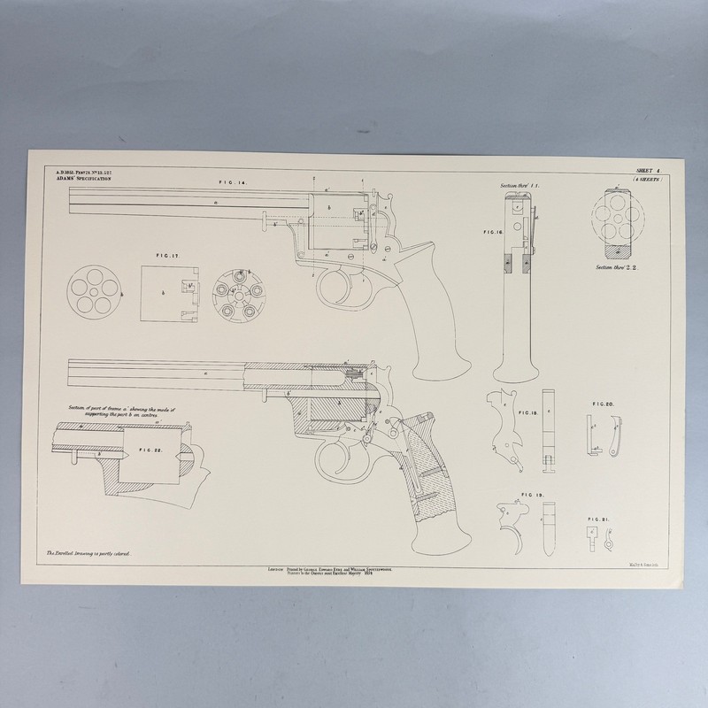 Antique 1854 Adams Revolver Patent Specification Lithograph on Laid Paper 14×21