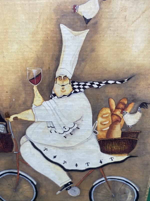 FRENCH FOLK ART FAT CHEF ON BIKE PRINT BY JENNIFER GARANT BURLAP WALL ART DECO gallery
